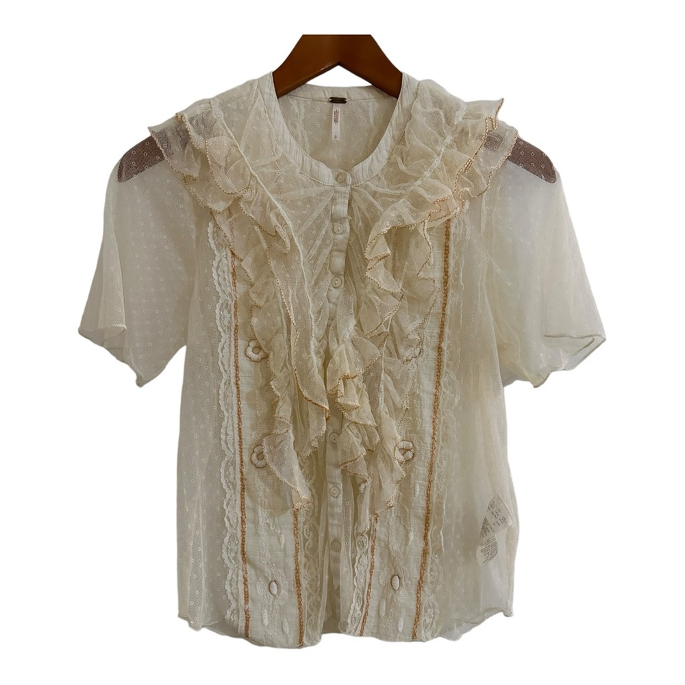 Free People Kisha Ruffle Cream Ivory Lace Top Size S